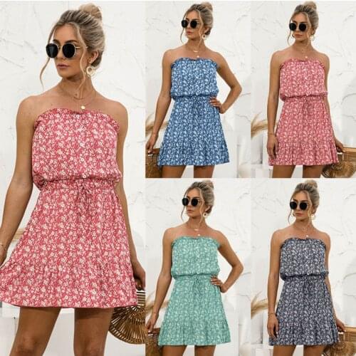 Sexy Off Shoulder Strapless Backless Women Dress Fashion High Waist Floral Summer Dress Plus Size Loose Casual Beach Vestidos