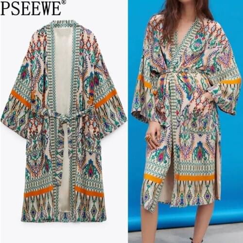 PSEEWE Za 2021 Print Blouses Women Long Kimono Cardigan Fashion Tie Belt Long Sleeve Chic Woman Blouse Vintage Summer Top