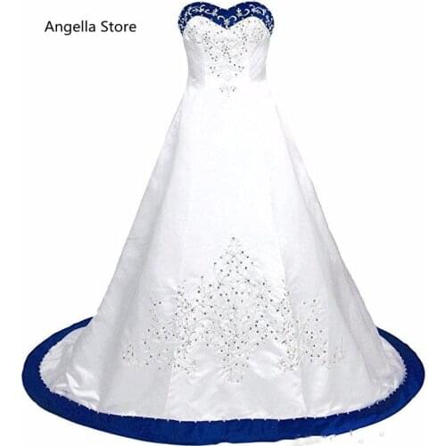 Vintage Embroidery Wedding Dress For Bride Princess Royal Blue And White Satin A line Plus Size Long Bridal Gowns Court Train