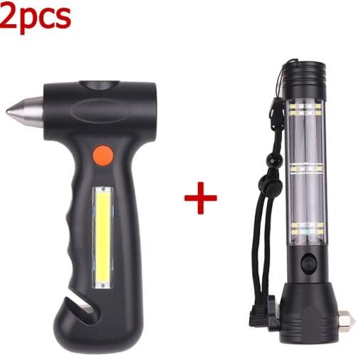 Solar Power LED Flashlight Safety Hammer Cutter Torch Light Multi-Functional Magnet Survival for Camping Outdoor Emergency Tool