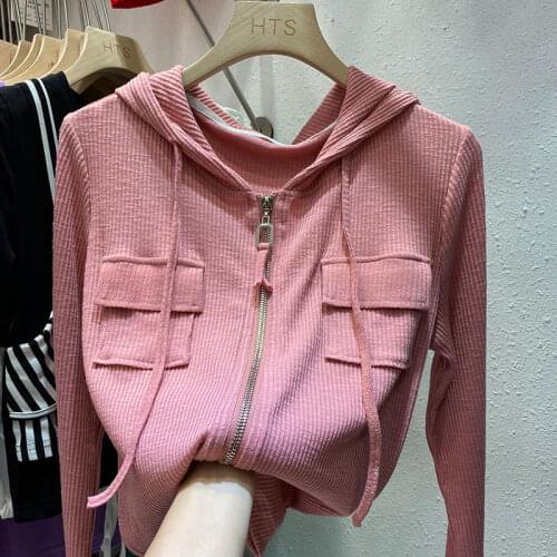 Spring and Autumn Leisure Long Sleeve Hooded Zip Cardigan Short Coat for Women