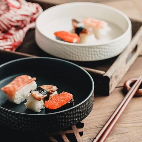 Japanese Ceramic Salad Bowl Retro Frosted Western Food Platehome Black and White Shallow Mouth Main Course Sushi Plate Tableware