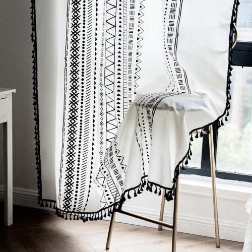 Bohemian Curtains Geometric Striped Tassel Windows Curtain Home Decor Semi-Blackout Cotton Linen Blend Farmhouse