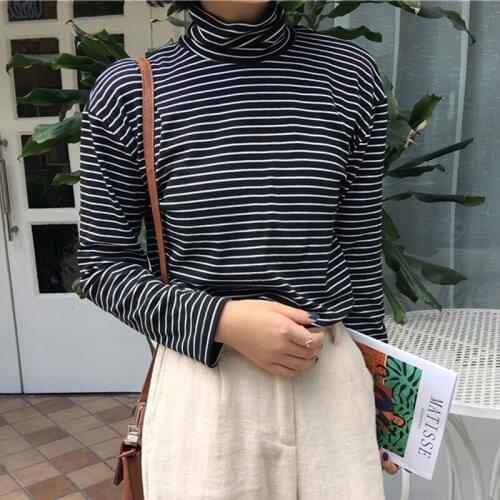 Winter Ulzzang fashion large size render female striped turtleneck casual Harajuku Korean long sleeved T-shirt