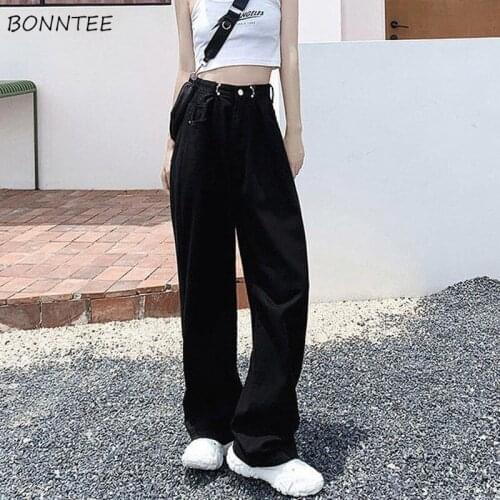 Jeans Women Full-length Solid Black Cool Female Harajuku Loose Wide Leg Street Retro High Waist Buttons Korean All-match Ladies