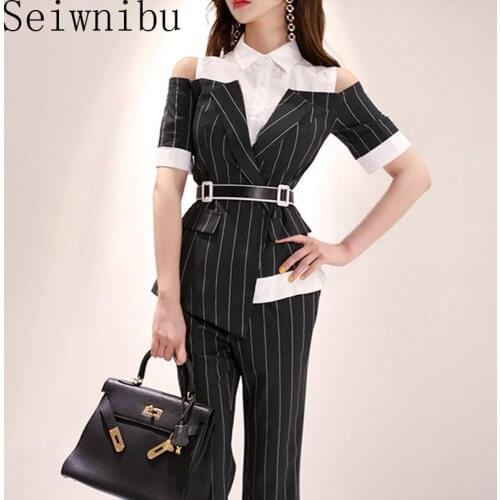 Long Pants OL Work Set 2020 Women Single Breasted two-piece Set Stripe Notched Suits Top Female Blazer Jacket Pant