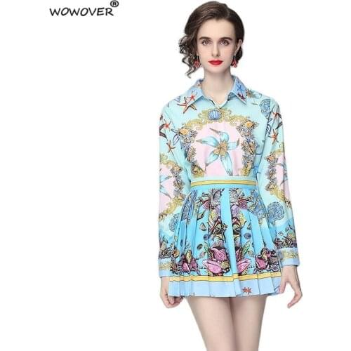 Spring Autumn Fashion Runway Suit Women Long Sleeve Vintage Print Shirt+High Waist Pleated Skirt 2Piece Clothing Set Outtfit