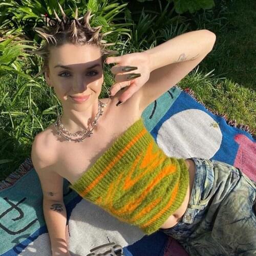Sweetown Abstract Swirl Knitted Corset Tops Women 2000s Aesthetic Kawaii Tube Top Summer Beachwear Tie Dye Print E Girl Tanks