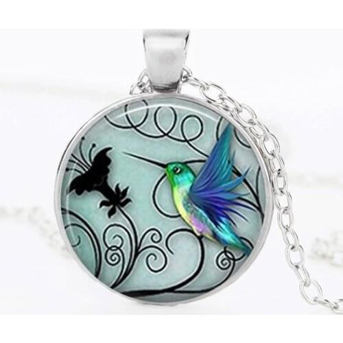 Suteyi Women Fashion Necklace Glass Necklace Bird Robin Blue Colibri NHummingbird Tile Glass Necklace Pendant