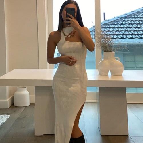 Sexy White Split Dress 2021 New One-shoulder Hanging Neck Elastic Fashion Party Elegant Midi Sleeveless Bandage Dress Summer