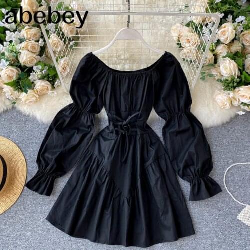 Autumn Dress Retro Gothic Women White Black Bandage Mini Dress Sexy Off Shoulder Puff Sleeve Korean Vestidos