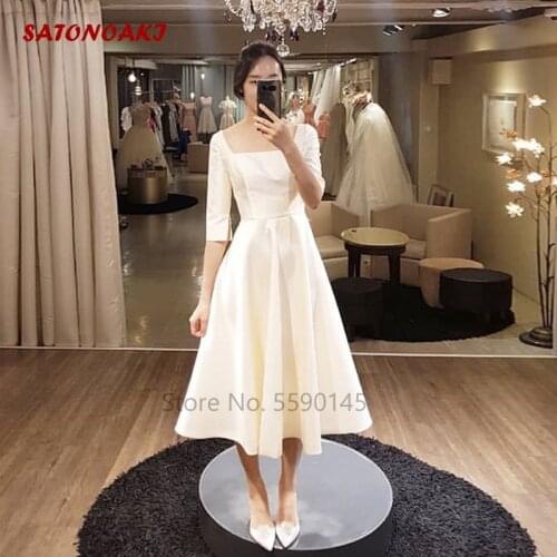 2020 Simple Tea Length Wedding Dress With Half Sleeves White Ivory India Bridal Gown Vestido De Novia Robe Mariage Undefined