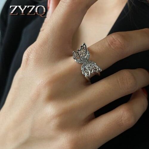 ZYZQ New wedding Ring Hollow Crystal Butterfly Ring For Women Temperament Double Opening Adjustable Bridal Ring Jewelry
