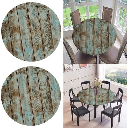 2pcs Table Cloth Round 59 Inch Elastic Edge Fitted Vinyl Table Cover, Rustic Shabby Wood Grain Pattern