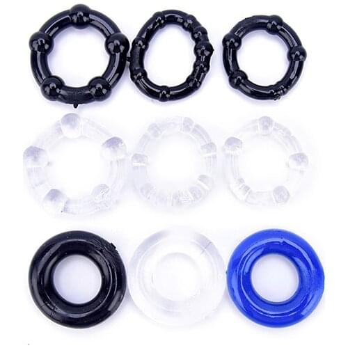 3Pcs Clear Blue Black Silicone Cock Rings Delay Ejaculation Stretch Cockring Control Extender Flexible Glue Penis Ring