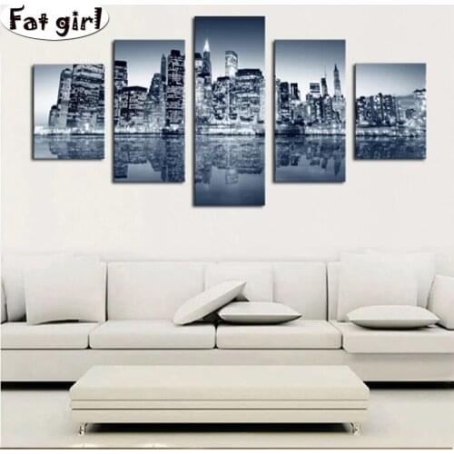 5 PCS Night city lights river view 5D diamond painting DIY Full Square Round diamond embroidery Modern Living room decoration