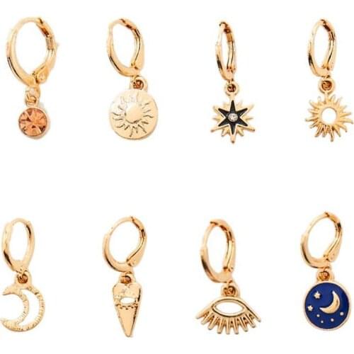 8 Pcs Trendy Cute Rhinestone Star Small Hoop Earrings Set For Women Girl Gold ColorEvil Eye Hollow Moon Sun Heart Earrings
