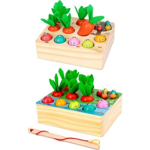 Carrots Harvest Catching Worms Fishing Game Wooden Sorting Toys for Toddlers for Preschool Kids 3 Years Old