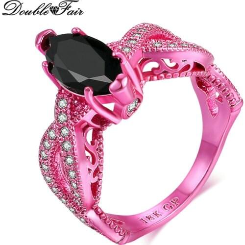 Double Fair Marquise Shape Black Stones Pink Gold Color Luxury Rings Fashion Brand Cocktail Party Punk Jewelry For Women DFDD038
