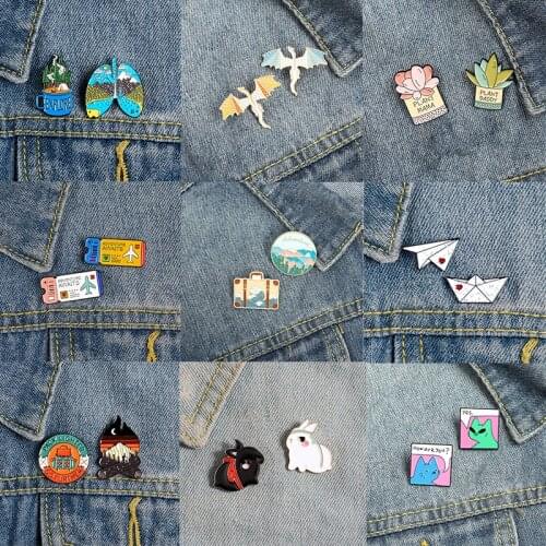 2pcs/set Adventure Enamel Pin Cat Dinosaur Brooches for Women Backpacks Lapel Pin Funny Metal Badge Cute Jewelry Gift Wholesale