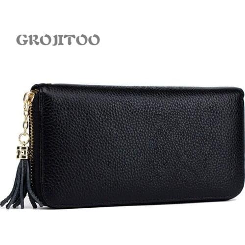 GROJITOO new fashion purse womens tassel first layer anti-theft brush zipper wallet genuine leather rfid long wallet