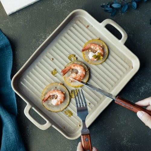 Japanese Style Ceramic Binaural Baking Pan Rectangular Retro Tableware Household Oven Special Plate Restaurant Dinner Plate