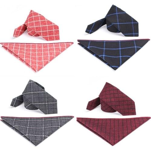 Plaid 6cm Slim 100% Cotton Pocket Square Tie Set Red Grey Skinny Handkerchief Necktit For Men Business Wedding Ties Accessories