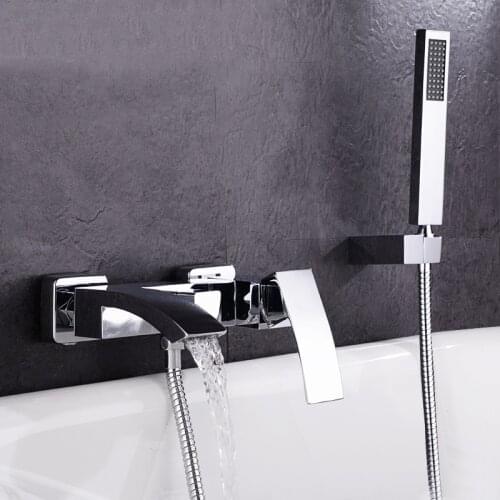 Brass Construction Chrome Square Style Wall Mounted Bathutub Mixer Taps Waterfall Bath Shower Faucet BF125