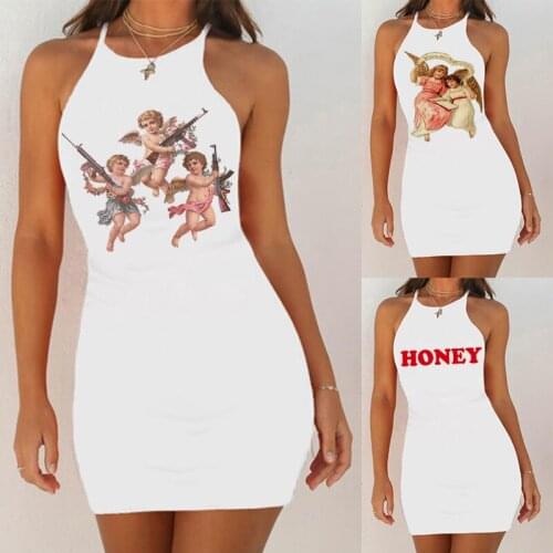 CDJLFH Fashion Summer Dresses 2020 Cartoon Angel Printed Mini Vestidos Slim Pencil Dress Women O Neck Sleeveless Party Casual