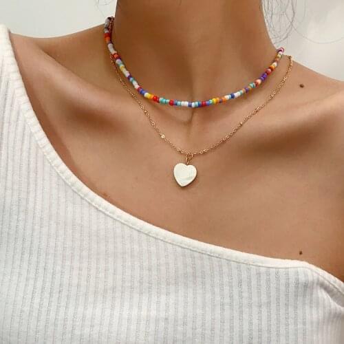 Fashion Punk Beach Wind Rice Bead Heart Pendant Choker For Women Hip Hop Creative Color Beads Necklace Party Jewelry Accessories