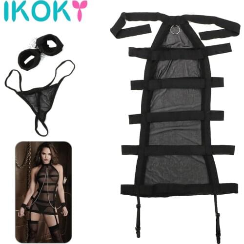 IKOKY Sexy Lingerie Underwear Kit Handcuffs Role Play Sexy Black Mesh Exotic Costumes Open Crotch Shackle Bundled Perspective