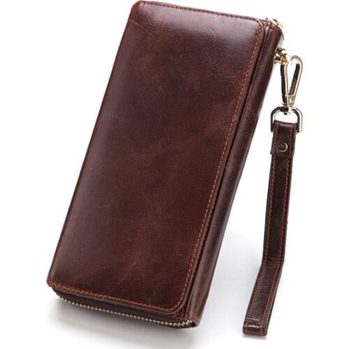 New genuine leather men wallet luxury creative phone bag vintage style high quality Oil wax cowhide long zipper coin purse