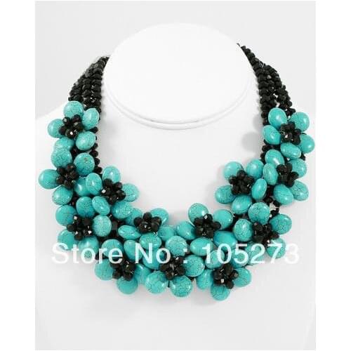 Charming Gem Stone Jewelry Blue Turquoises Crystals Flower Necklace 18'' Destination Wedding Celebrity Inspired Stone Jewellery