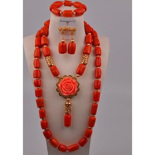 Orange Nigeria Coral Beads Jewelry Set Costume Necklace African Coral Set Nigerian Wedding Bridal Jewelry Sets 316-D2