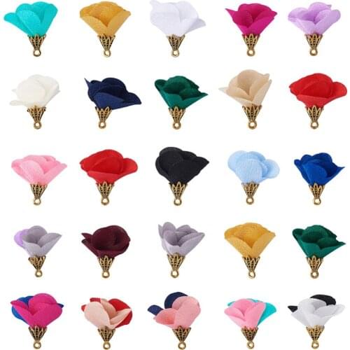 PANDAHALL 100pcs 25x24mm Mixed Color Cloth Flower Floret Pendants with Golden Alloy DIY Earring Jewelry Findings Hole: 1.5mm