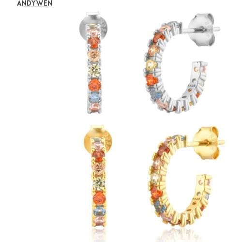 ANDYWEN 925 Sterling Silver Rainbow CZ 10.8mm Rainbow Hoop Piercing Colorful Spring Huggies Circle Round Earring Fine Jewelry