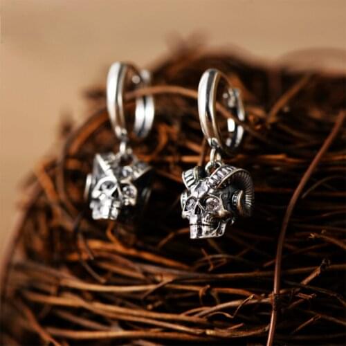 Real 925 Sterling Silver Sheep horn Skull Earring Fine Charm Jewelry for Men