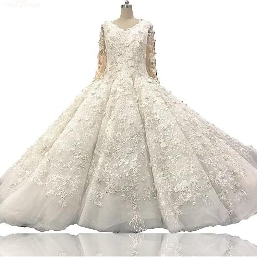 RSW1611 Real Pictures Luxury Long Train 3D Lace Floral Wedding Dress V Neck Long Sleeves Princesse De Luxe Robe De Mariee 2020