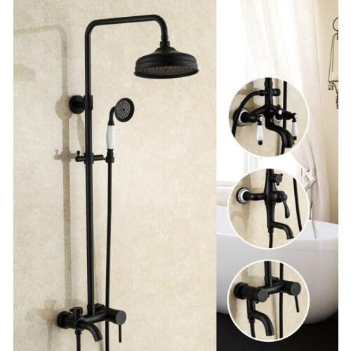 Bathroom Antique Black Paint Solid Brass Shower Set Wall Mounted 8" Rainfall Shower Mixer Tap Faucet 3-functions Mixer Valve