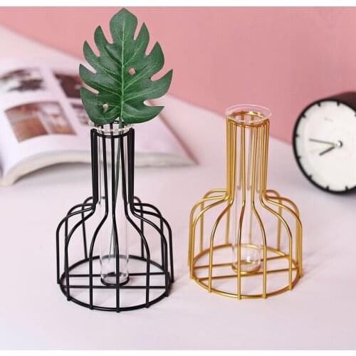 Nordic Vase Wrought Iron Golden Hydroponic Vase Living Room Table bottle Decoration Dried Flower Glass Vase Metal crafts