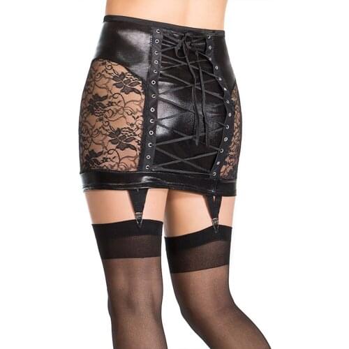 Women Black Faux Leather Skirt Female Sexy Patchwork Midi PU Pencil Wet Look Skirts Lady Bodycon Lace Back Mini Lace Party Skirt