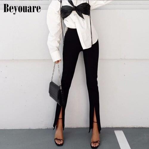 Beyouare Elegant Women Pant High Waist Black Split Slim Autumn Office Lady Casual Trouser 2020 Fashion Flare Slit Pant Black