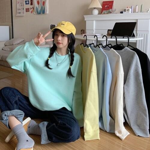 Woman Sweatshirts 2021 Vintage Korean O-neck Knitted Pullovers Autumn Winter Candy Color Loose Hoodies Solid Womens Clothing