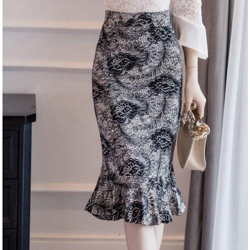 Women Skirts Plus Size Office Lady Cotton Print Mid-Calf Women Clothing 2020 New Summer Skirts Empire Ruffles Pencil Women Skirt