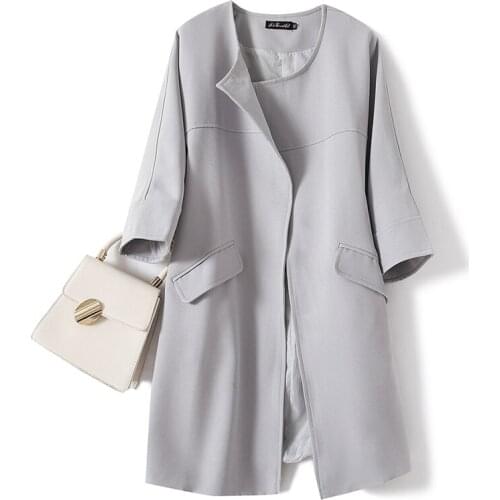 2019 Autumn New Fashion Women Trench Coat Fake Pockets Female Three Quarter Sleeve Thin Outwear Ladies Office Plus Size Clothing