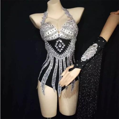 Women Sexy Stage Sparkly Rhinestone Fringe Bodysuit With Gloves Birthday Celebrate Party Nightclub Outfit