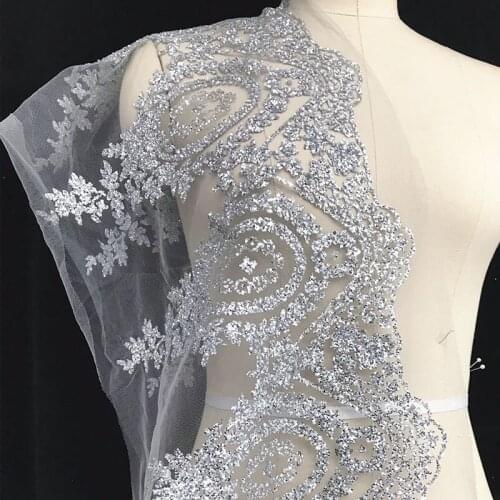 1Yard Silver Embroidered Cording Fabric Flower Venise Mesh Lace Trims Applique Sewing Craft For Bride Wedding Dresses