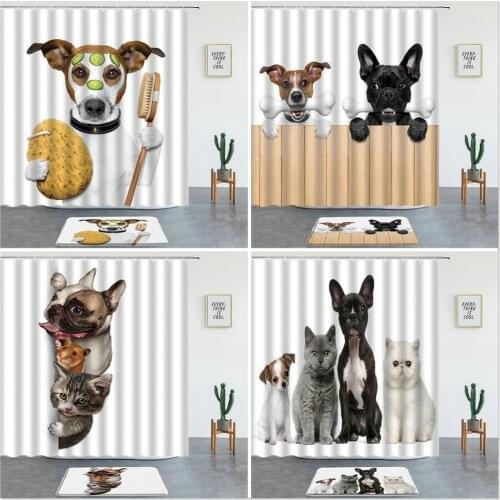2pcs Cat Dog Shower Curtains Set With Rugs Funny Animal Bathroom Decor Non-slip Bath Mat Flannel Carpet Bathtub Screen Washable