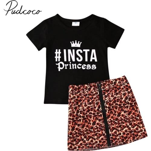 2020 Baby Summer Clothing 2pcsSet Toddler Kids Baby Girl Clothes Short Sleeve Top T-shirt Zipper Mini Skirts Leopard Outfit