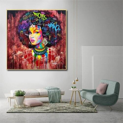 African Black girl Graffiti Art Paintings on the Wall Art Portrait Canvas Prints Street Art Pictures Home Wall Decor Cuadros